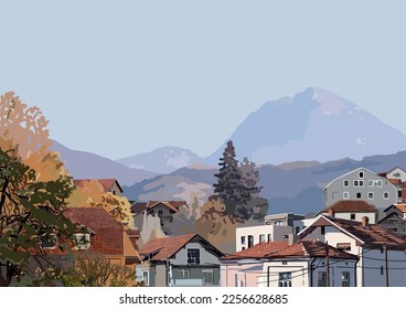 A picturesque view of a cozy city with small houses with red tiled roofs in front of the mountains under a blue sky. Vector cityscape