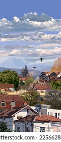 A picturesque view of a cozy city with small houses with red tiled roofs among the mountains under a blue cloudy sky. Vector cityscape. Long vertical format