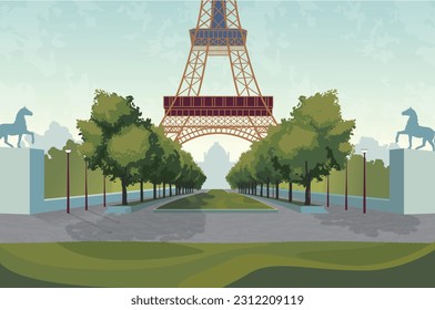 Una pintoresca vista de la famosa Torre Eiffel bajo un cielo azul en una mañana brillante en París, Francia.  Arquitectura internacional y monumentos diseñan postales o afiches de viaje. Vector, ilustración.