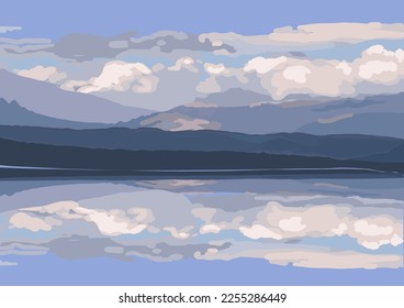 Picturesque view of a lake with mountains reflected in it under a cloudy sky. Vector landscape