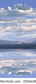 Picturesque view of a lake with mountains reflected in it under a cloudy sky. Vector landscape. Long vertical format