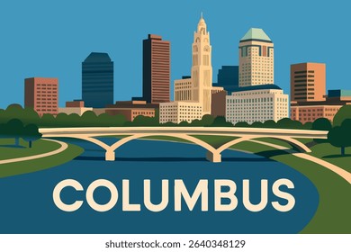 A picturesque view from the Scioto Mile Bridge, looking toward downtown Columbus and its vibrant skyline, with the river providing a stunning reflective surface.