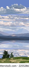 Picturesque view from the shore of a lake with mountains reflected in it under a blue cloudy sky. Vector landscape. Long vertical format