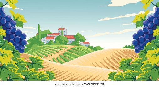 A picturesque vineyard with houses on a hill, framed by ripe purple grapes.
