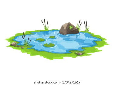 Picturesque water pond with reeds and stones