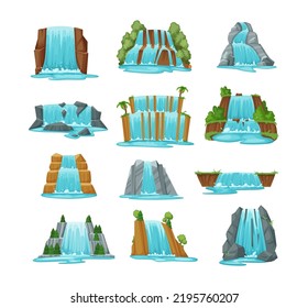 Picturesque waterfalls falling from rock stones set. Clear water flow streaming from cliffs. Falling water cascades. Natural mountain landscapes and tourist attraction design cartoon vector