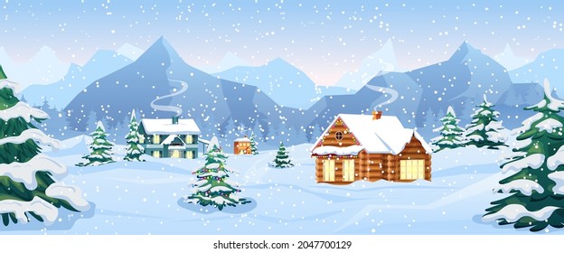 Picturesque winter landscape with cozy houses, christmas tree, mountain and snow. Concept of Happy New Year and Merry Christmas. Vector illustration