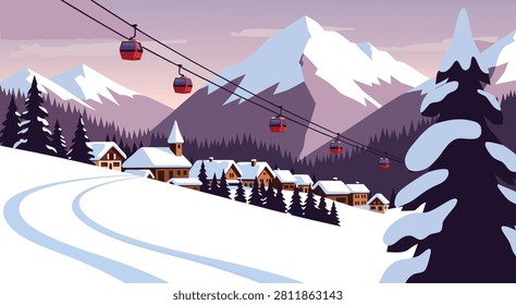 A picturesque winter landscape featuring a charming village nestled amongst snow-covered mountains, with a ski slope and gondola lift system.