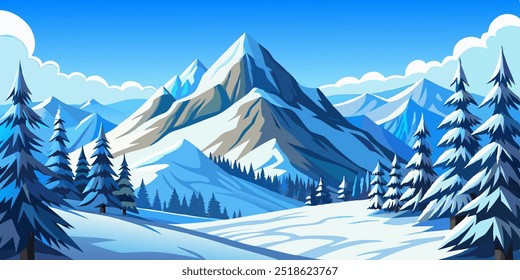 Eine malerische Winterlandschaft mit einer schneebedeckten Bergkette, einem ruhigen Wald und einem atemberaubenden blauen Himmel, perfekt, um ein Gefühl von Ruhe und Wunder zu evozieren.