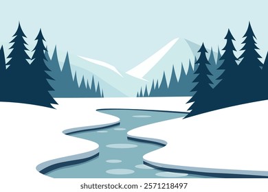 A picturesque winter scene with snow-capped mountains, a winding river, and a dense forest of evergreen trees. The image evokes a sense of tranquility and peacefulness.