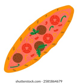 Pide with tomatoes and meat. Traditional Turkish food. Hand drawn vector illustration