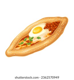 Pide, top view vector illustration. Cartoon isolated traditional Turkish pita with beef meat and tomato sauce, cheese and egg, handmade baked pide or gourmet snack of restaurant menu in Turkey