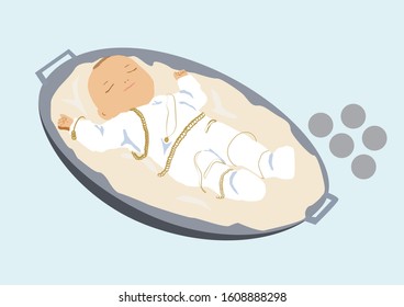 "pidyon haben", redemption of the first-born in Judaism. vector invitation background. A painting of a baby in white clothes lies on a silver tray with gold chains and bracelets