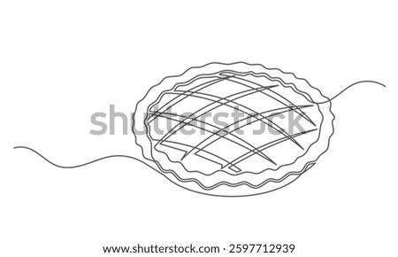 Pie apple continuous one line isolated on white background. Bakery symbol art drawing.  Pie apple design outline. Editable stroke. Vector illustration