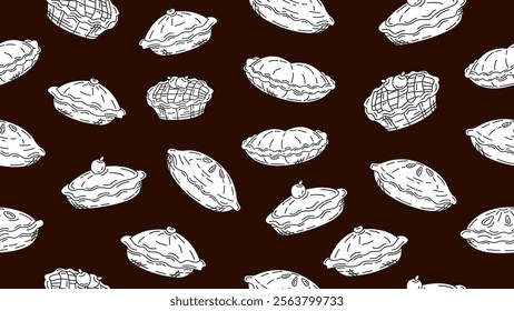 Pie background. Pie cake doodle sketch on dark brown background. Pastry, bakery wallpaper, paper wrapper. print, packaging. Vector illustration