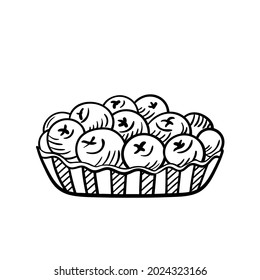 A pie basket with blueberries. Sweet dessert in doodle style. Vector isolated illustration on a white background.