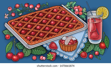 Pie, berries, fruits hand drawn vector doodles illustration. Nature and food elements and objects cartoon background.  