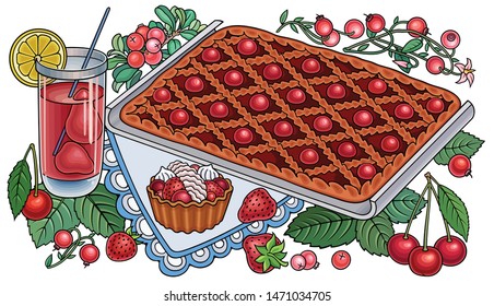 Pie, berries, fruits hand drawn vector doodles illustration. Nature and food elements and objects cartoon background.  