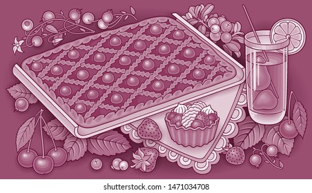 Pie, berries, fruits hand drawn vector doodles illustration. Nature and food elements and objects cartoon background.  