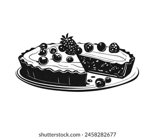 Pie with berries on a plate. Hand drawn black and white illustration.