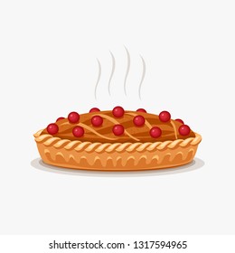 Pie with berry. Cake, roll, quiche vector illustration. Hot, fresh and tasty. Bakery shop design. Cherry jam homemade pie. Isolated on a white background.