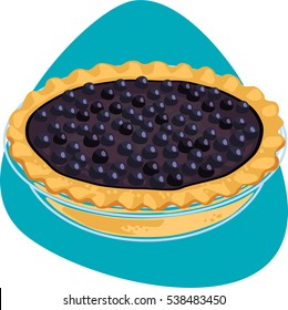 Pie with blueberry stuffing and crusty rim in glass clear pie pan. Isolated on blue background.