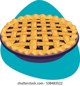 Pie with blueberry stuffing and lattice top in ceramic pie pan. Isolated on blue background.