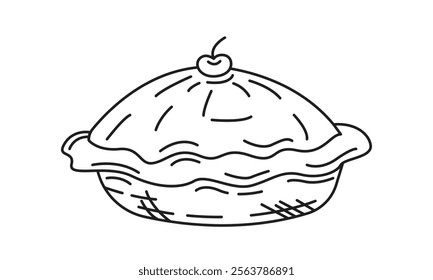 Pie cake with cherry fruit sketch doodle stye. Pie icon. Editable stroke vector illustration