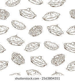 Pie cake doodle sketch seamless pattern on white background. Apple pie motif. Bakery wallpaper, wrap. print, packaging