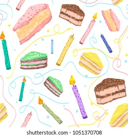 Pie cake seamless pattern. Happy birthday holliday cover. Cute cartoon drawing for decor menu. Chocolate sweet candies, flowers, hearts. Decorative pattern wrapping paper. International Cake day.