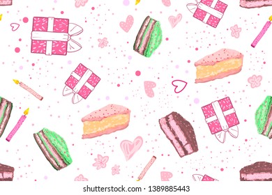 Pie cake seamless pattern. Happy birthday holliday cover. Cute cartoon drawing for decor menu. Chocolate sweet candies, flowers, hearts. Decorative pattern wrapping paper. International Cake day.