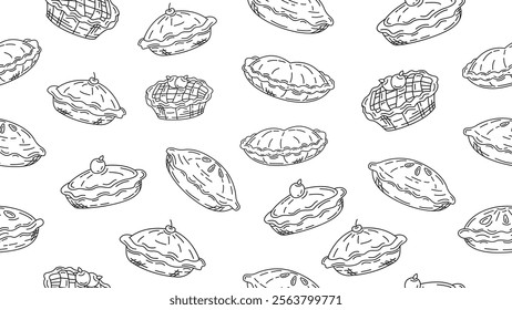 Pie cake seamless pattern, pumpkin pie background. Pie doodle sketch motif. Pastry, bakery wallpaper, paper wrapper. print, packaging. Vector illustration