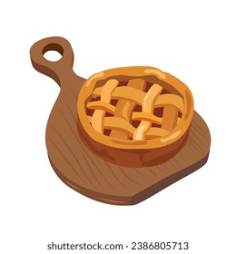 Pie cake vector. Pie cake on wooden board. Thanksgiving traditional dish. Autumn harvest. Flat vector in cartoon style isolated on white background.