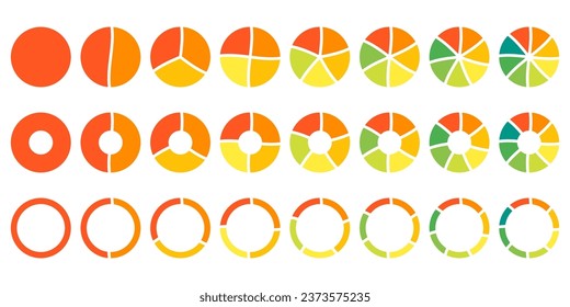 Pie chart with 1, 2, 3, 4, 5, 6, 7, 8 sections, parts or segments. Circle graph, round diagram. Infographic wheel design. Vector illustration.