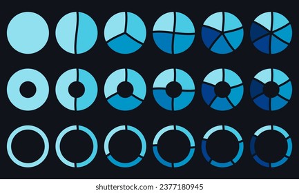 Pie chart with 1, 2, 3, 4, 5, 6 sections, parts or segments. Circle graph, round diagram. Infographic wheel design. Process concept. Vector illustration.