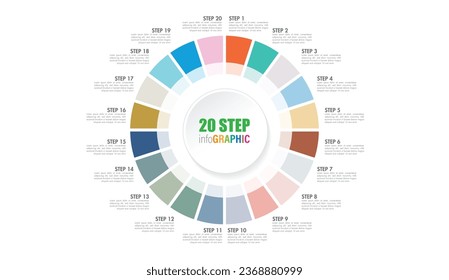 Pie chart with 10 to 20 steps. Colorful diagram collection with 10,11,12,13,14,15,16,17,18,19 sections or steps. Circle icons for infographic, business presentation. Vector illustration.