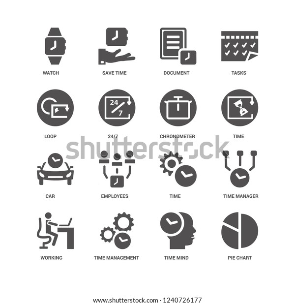 Pie chart, 24/7, Watch, Save time,\
Time manager, Time, Employees, mind icon 16 set EPS 10 vector\
format. Icons optimized for both large and small\
resolutions.