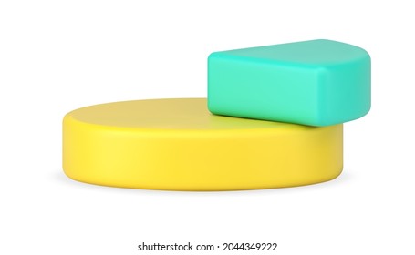 Pie chart 3d icon. Side view of yellow diagram with turquoise segment. Analysis of statistical data by means of their volumetric image. Modern infographics in web design. Realistic isolated vector