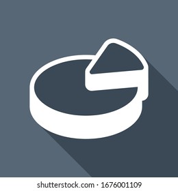 Pie chart, 3d symbol, circle diagram. White flat icon with long shadow on blue background