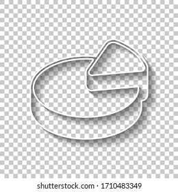 Pie chart, 3d symbol, circle diagram. White outline sign with shadow on transparent background
