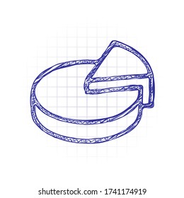 Pie chart, 3d symbol, circle diagram, outline design. Hand drawn sketched picture with scribble fill. Blue ink. Doodle on white background