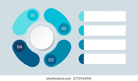 Gráfico de pizza com 4 partes para visualização de dados, relatórios anuais, instruções. Slide vetorial para apresentações com espaço para dados.
