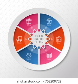 Pie chart with 6 option buttons. Flowchart with contour icons for presentation, advertising, process steps, website