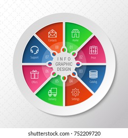 Pie chart with 8 option buttons. Flowchart with contour icons for presentation, advertising, process steps, website