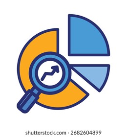 Pie chart and analysis magnifying glass icon for business reports, data analysis, financial presentations, market research, statistics, infographics.