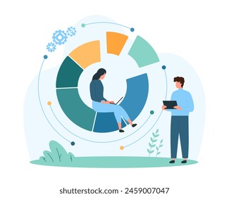 Pie chart analytics. Tiny people work with data statistics in infographic diagram presentation, analysts analyze graph report and segments of commercial profit of company cartoon vector illustration