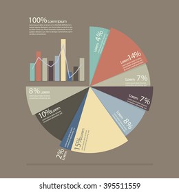 Pie chart and bar chart for documents and reports infographic. Flat style design