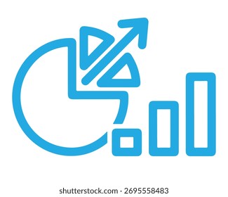 Icono de gráfico circular y gráfico de barras aislado sobre fondo blanco que representa el análisis de datos, el crecimiento financiero y las tendencias del mercado, con una flecha hacia arriba que indica el éxito