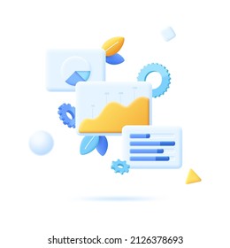 Pie chart, bar graph, process diagram and gear wheels. Concept of financial analysis of company indicators, statistical research, business data analytics. Vector illustration in 3d style for banner.