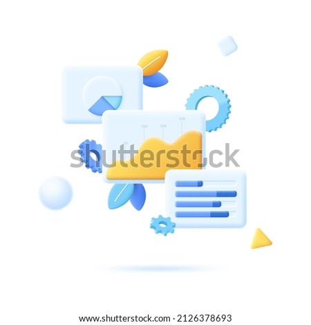 Pie chart, bar graph, process diagram and gear wheels. Concept of financial analysis of company indicators, statistical research, business data analytics. Vector illustration in 3d style for banner.